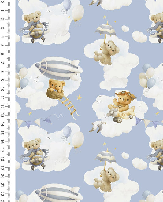 Kuva 100% puuvillaflanellista, jossa karhuja sinisellä pohjalla – saatavilla netissä Charlotten kankaat