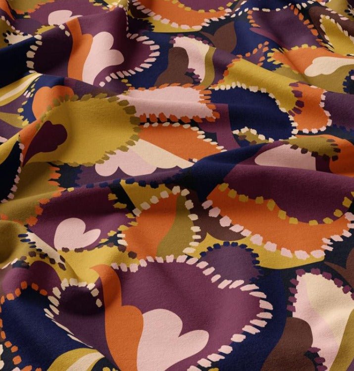 Image with 100% viscose fabric - khaki, orange, purple abstractions 125 g/m² – available at Šarlotes audumi