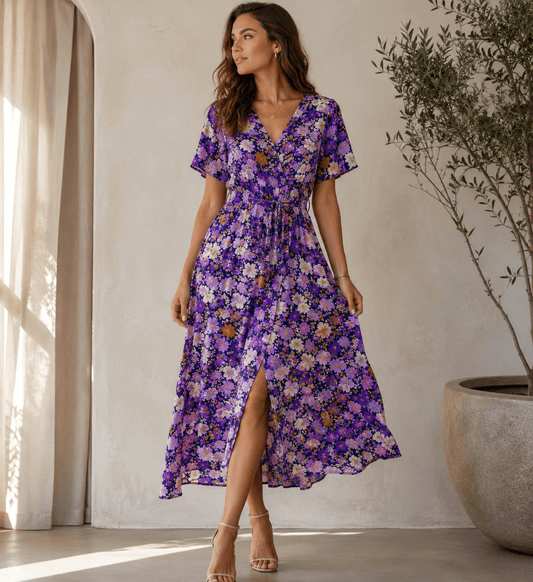 Image of 100% viscose fabric with a lilac floral pattern, 125 g/m² – available at Šarlotes audumi