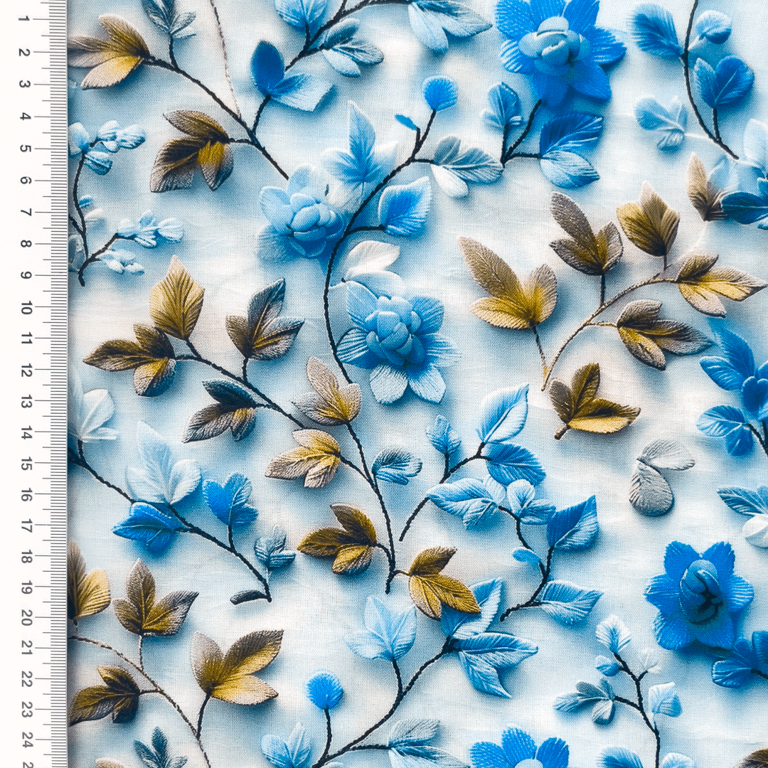 Tissu 100 % viscose - motif bleu de fleurs et de feuilles 110 g/m²