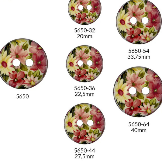 Kokosa poga ar rozā un baltu ziedu rakstu – 23 mm, 34 mm un 41 mm