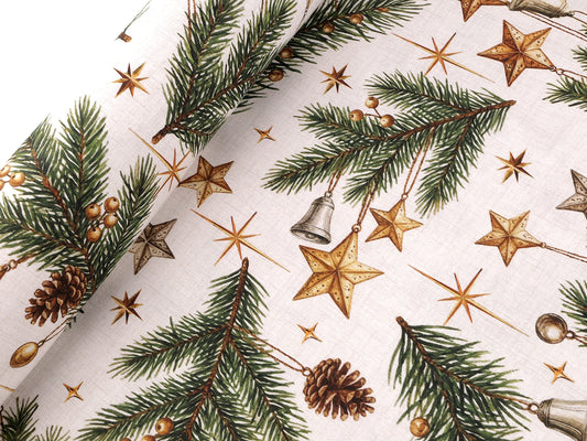 Canvas Fabric - Spruce Branch with Decorations