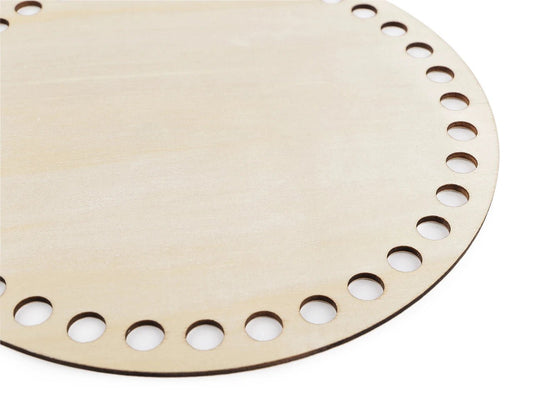 Image of a round wooden bag, basket base Ø20 cm with holes – available at Šarlotes audumi