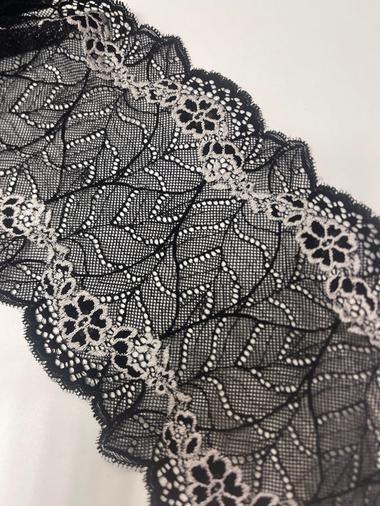 Image of 18 cm black elastic lace with white flowers – available online at Charlotte's Fabrics
