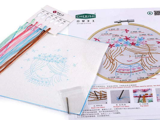 Image with embroidery kit with pre-printed motif|various designs – available at Šarlotes audumi