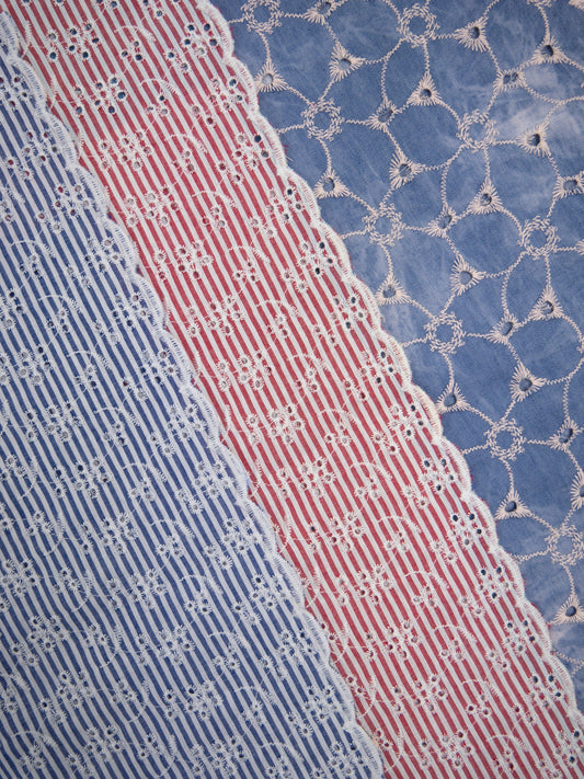 Image of embroidered cotton fabric - floral motif with lines 120 g/m² – available at Šarlotes audumi