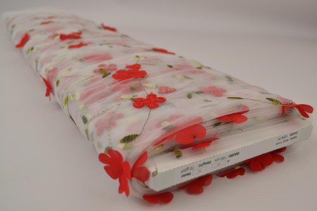 Image with embroidered tulle fabric with flowers - red| 150 cm, 70 g/m² – available at Šarlote's fabrics