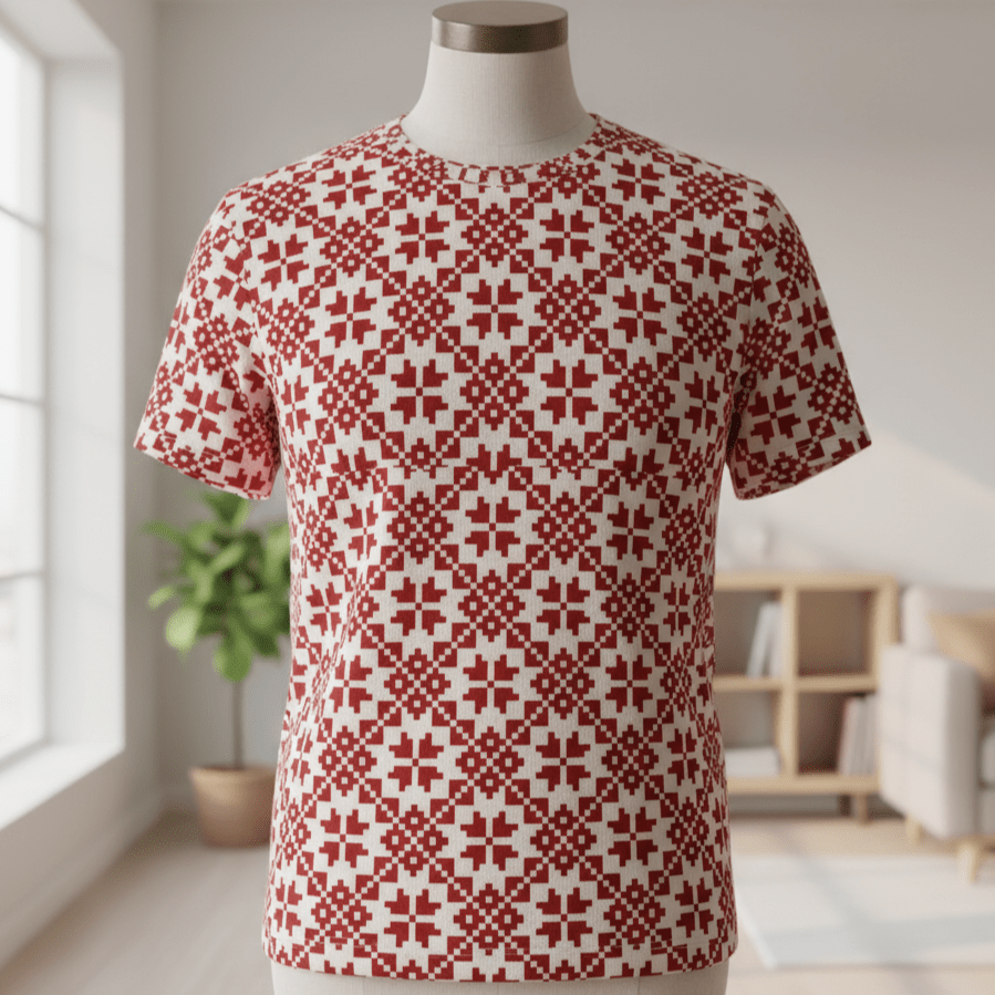 Tissu en maille bouclette de coton, motif d’étoiles sur fond carmin, 250 g/m² – disponible chez Šarlotes audumi