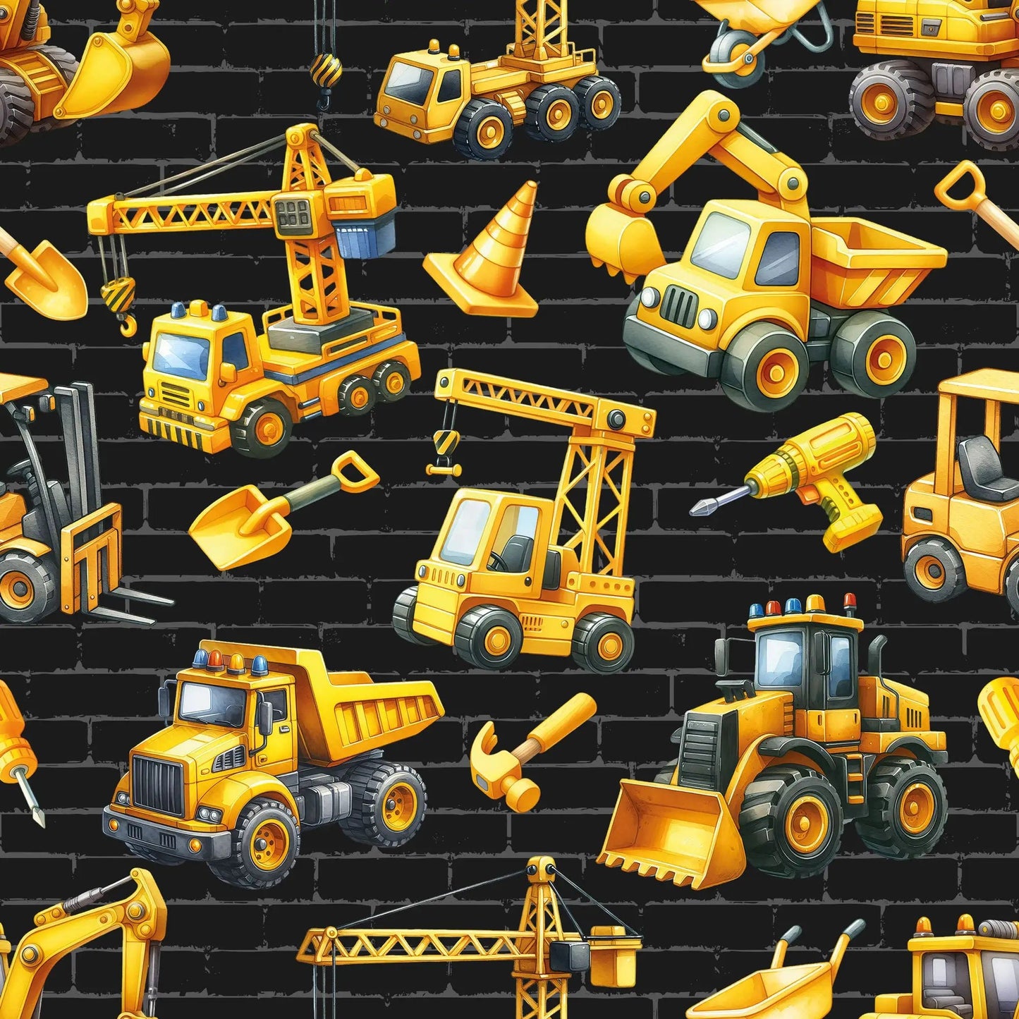 Image en jersey bouclette en coton - excavatrices, grues et tracteurs sur fond noir 230 g/m² – disponible chez Šarlotes audumi