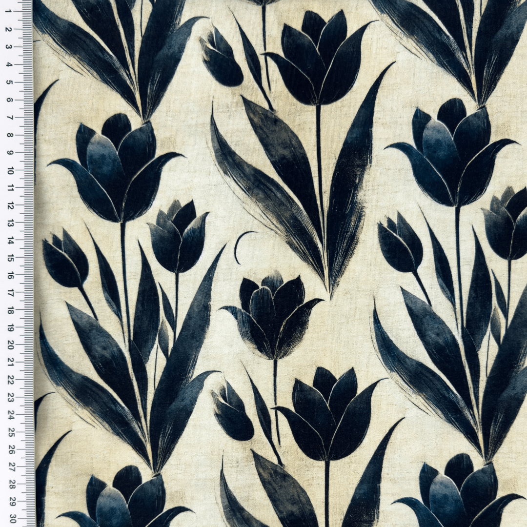 Maille bouclette en coton - tulipes noires 250 g/m²
