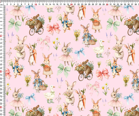 Image of cotton loopback knit - bunnies on a pink background 250 g/m² – available at Šarlotes audumi