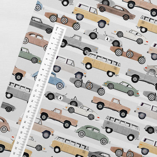 Image with cotton knit - car in light gray tones 200 g/m² – available at Šarlotes audumi
