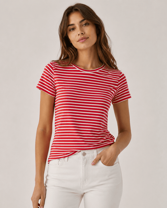 Image of cotton jersey - red stripes 220 g/m² – available at Šarlotes audumi