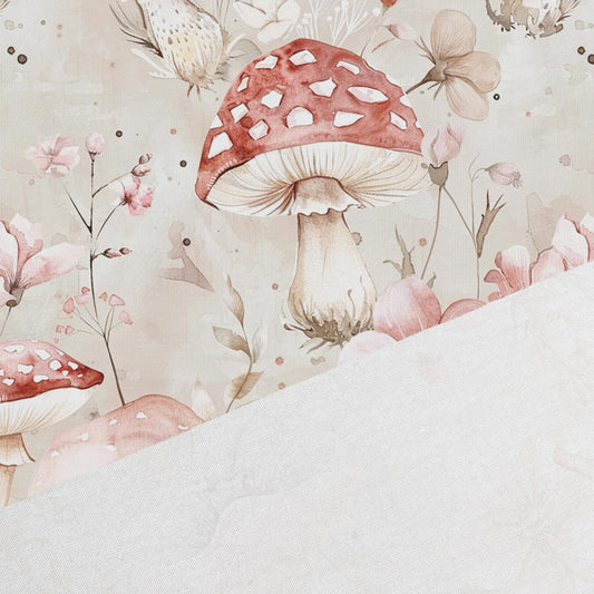 Image of Cotton jersey - mushrooms in flowers 200 g/m² – available at Šarlotes audumi