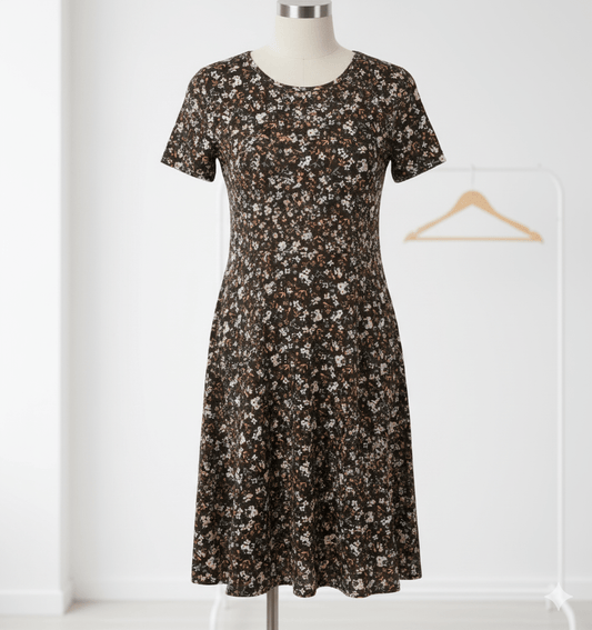 Image of cotton knit fabric - delicate little flowers on dark brown 200 g/m² – available at Šarlotes audumi