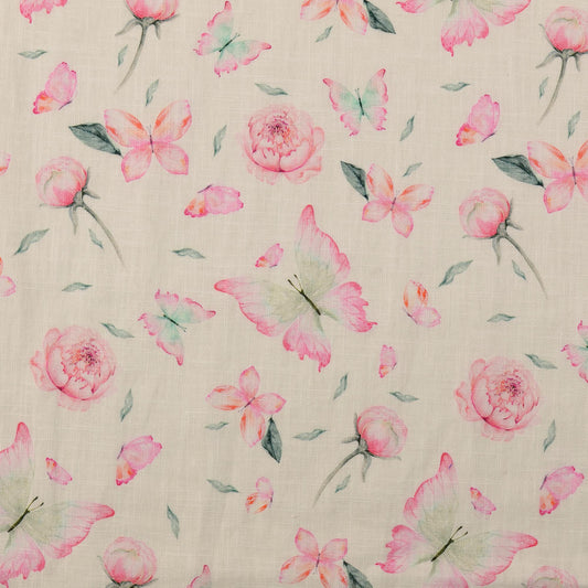 Image avec lin et viscose - pivoines et papillon 220 g/m² – disponible chez Šarlotes audumi