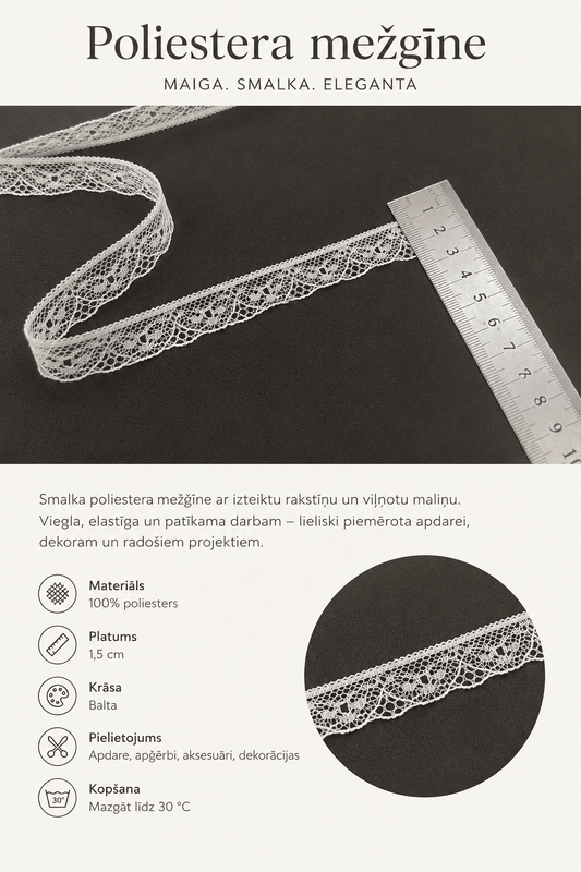 Fine lace, 1.6 cm, white – available online at Šarlotes audumi