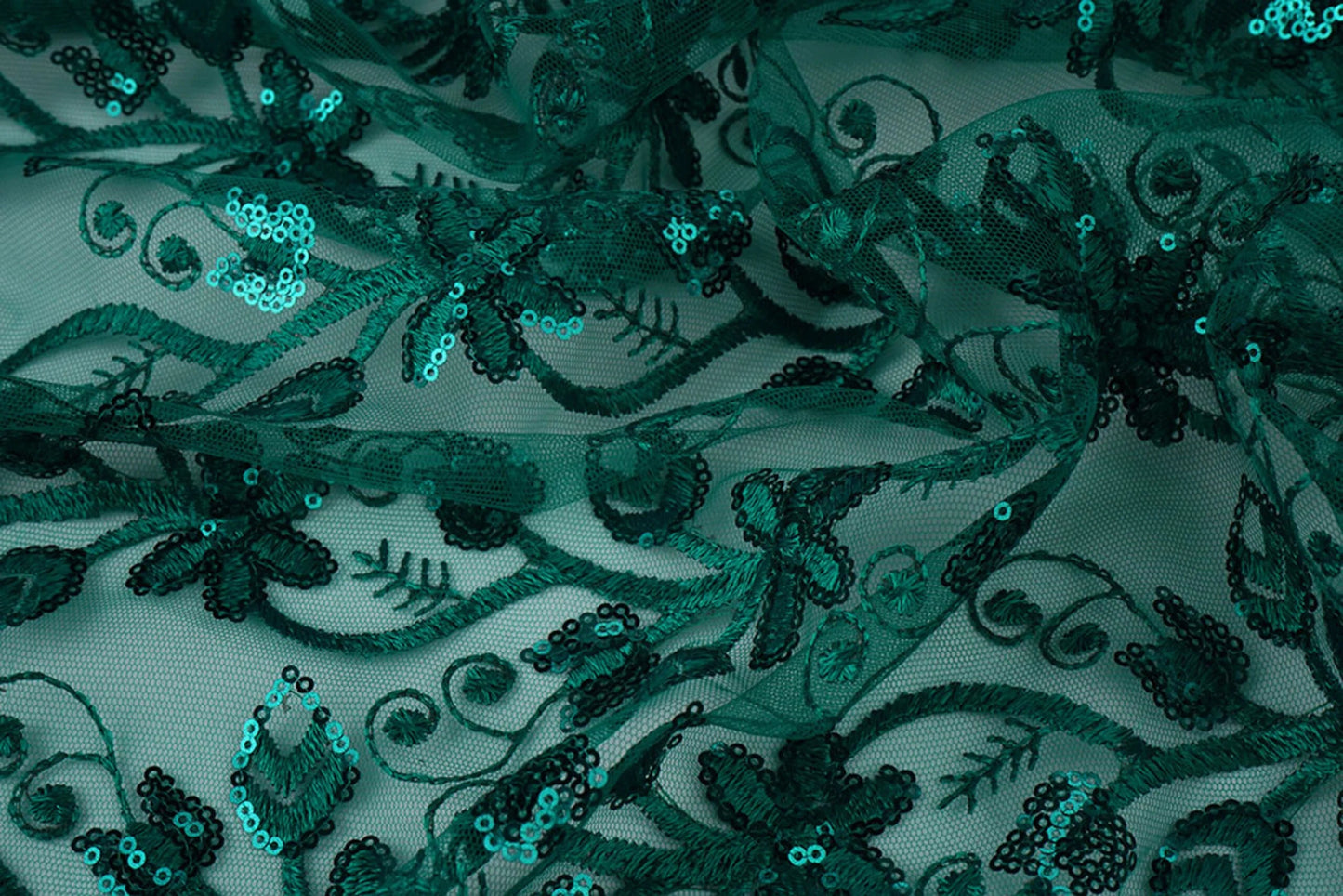 Image of Lace fabric | Embroidered tulle with sequins 160 g/m² - emerald – available at Šarlotes audumi