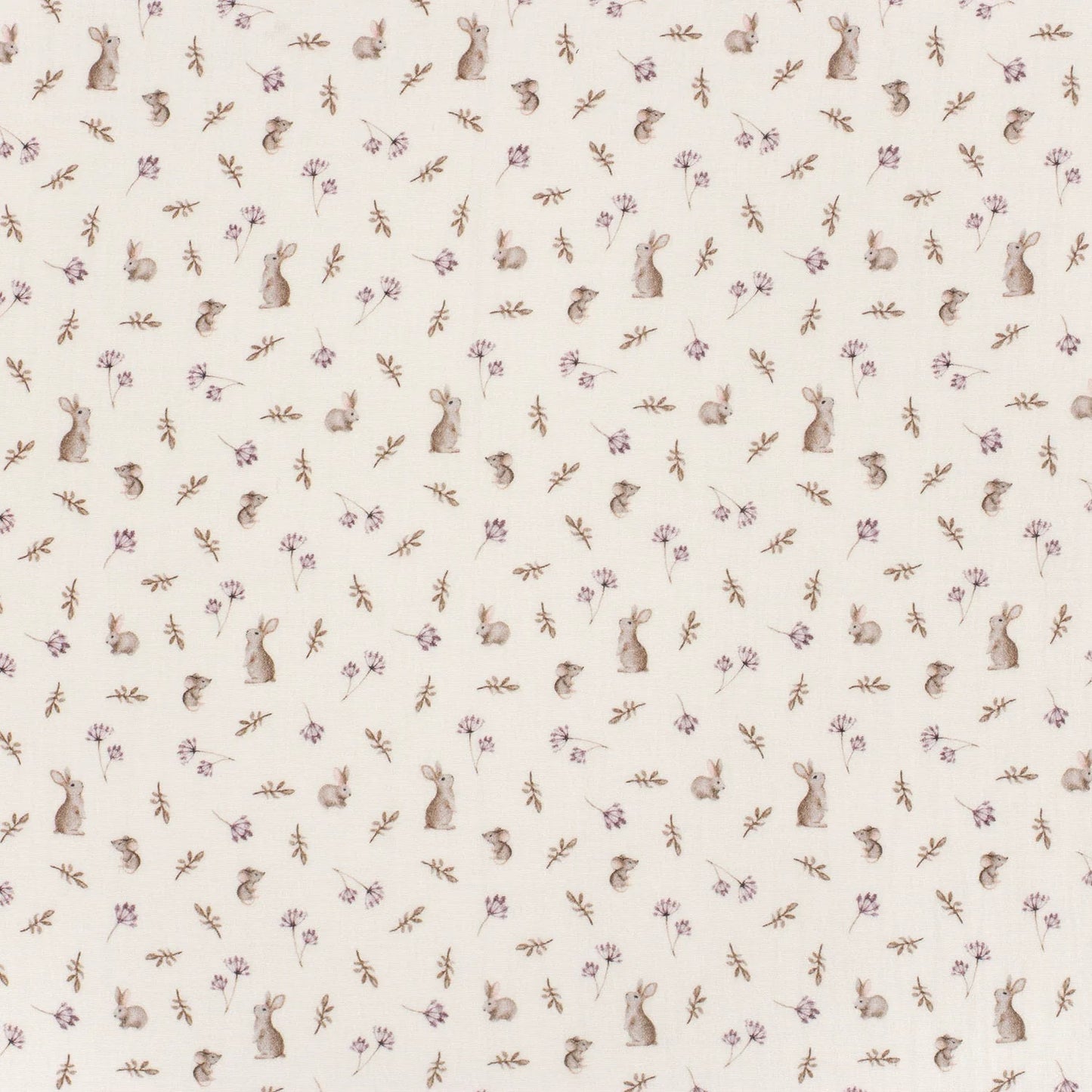 Muslin with rabbits and flowers on milky white 130 g/m² – available at Charlotte Fabrics