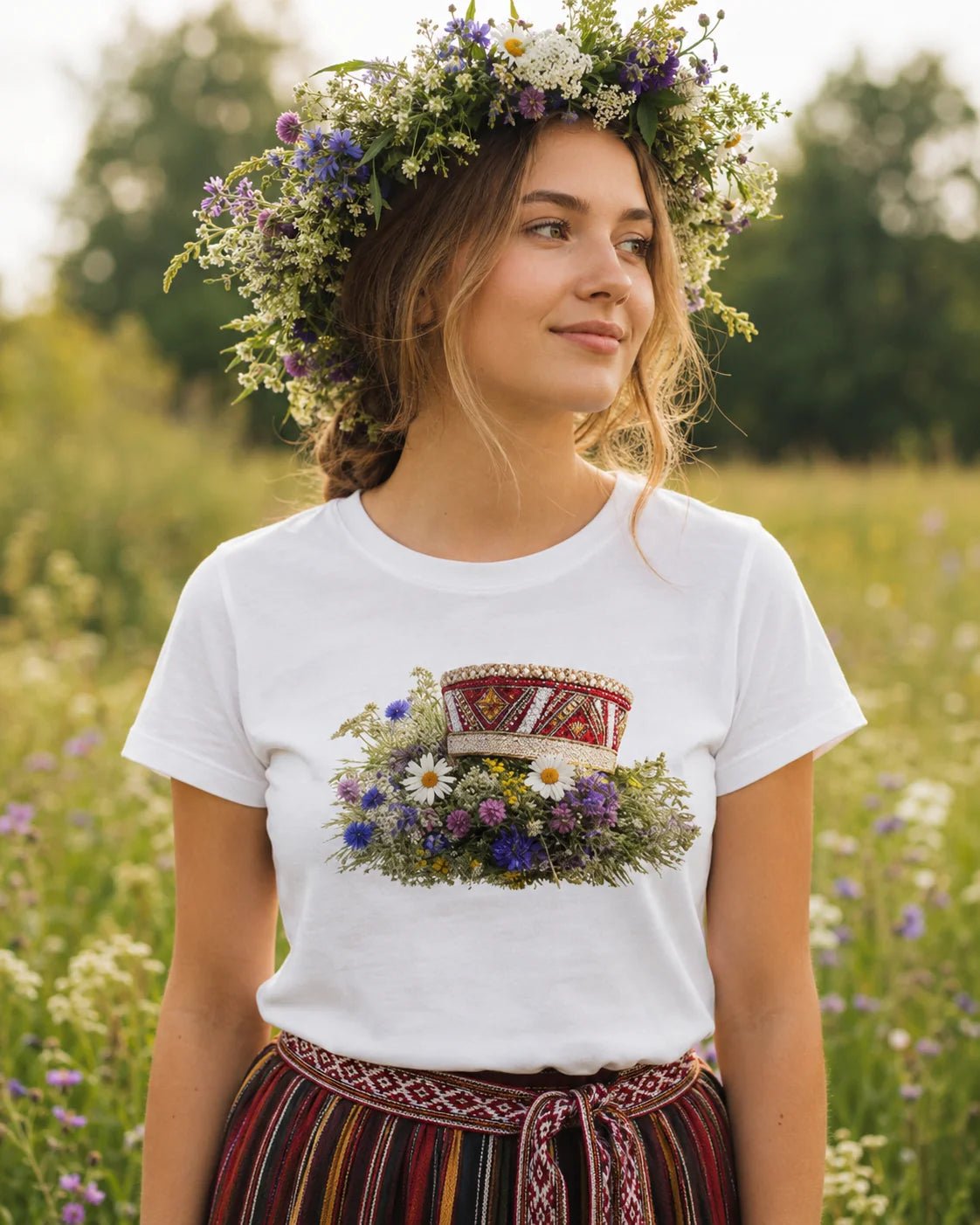 Attēls ar Organiskās kokvilnas T - krekls "Kronis pļavā" – pieejams Šarlotes audumi