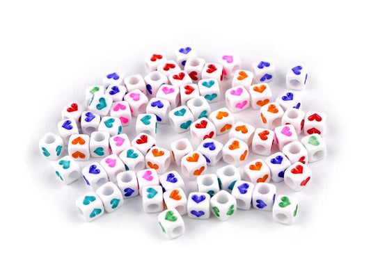 Plastic beads with hearts, cubes 6×6 mm| 10 g