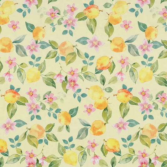 Attēls ar Premium 100% kokvilnas audums - citronu ziedu dārzs akvareļu stilā 110 g/m² – pieejams Šarlotes audumi