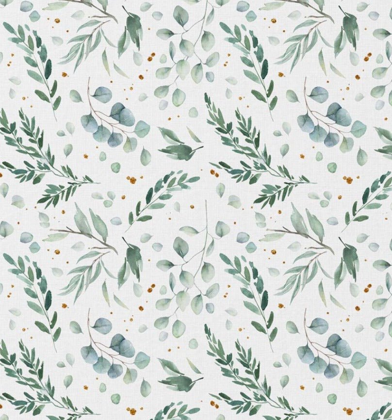 Tissu premium 100 % coton, feuilles d’eucalyptus, 115 g/m² – disponible chez Šarlotes audumi