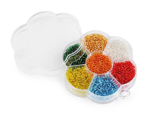 Image of a glass seed bead jewelry-making set in a box – available at Charlotte's Fabrics