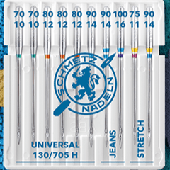 Image with sewing machine needle set SCHMETZ CREATIVE 10 JEANS/UNIVERSAL/STRETCH (10 pcs) – available at Šarlotes audumi