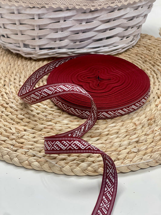 Traditional ribbon, 15mm band - burgundy with white pattern - LV