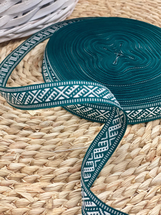 Traditional ribbon, tape 15mm - green with white pattern - LV