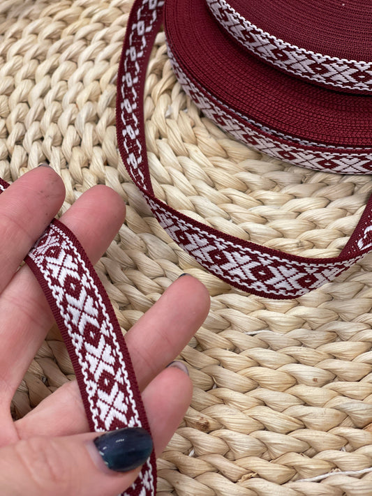 Traditional ribbon, 16 mm - burgundy with a white pattern - LV
