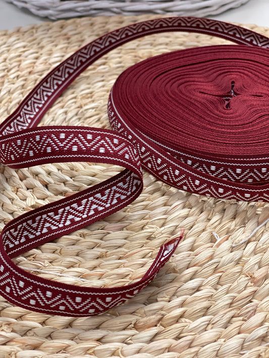 Folk ribbon, sash 18 mm - burgundy with a white pattern - LV