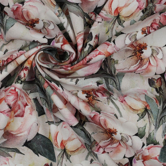Image of viscose fabric with elastane, peonies, 135 g/m² – available at Šarlotes audumi