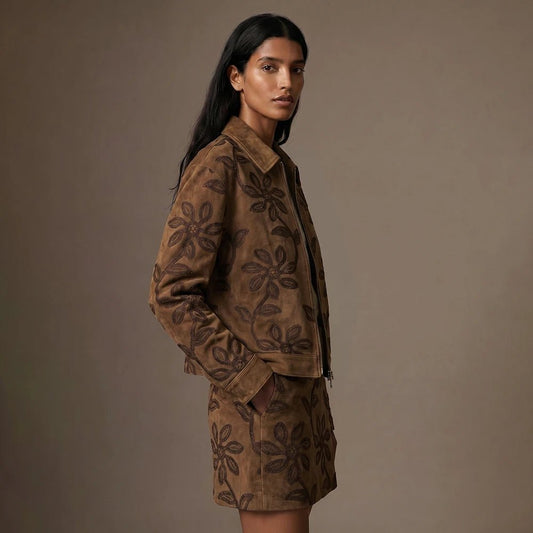 Image of suede fabric with embroidered floral pattern - brown 310 g/m² – available at Šarlotes audumi