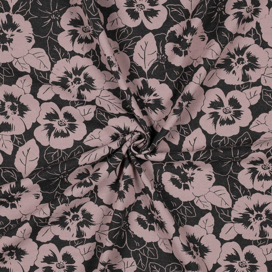 Thin cotton knit fabric - flowers on a dark background 200 g/m²
