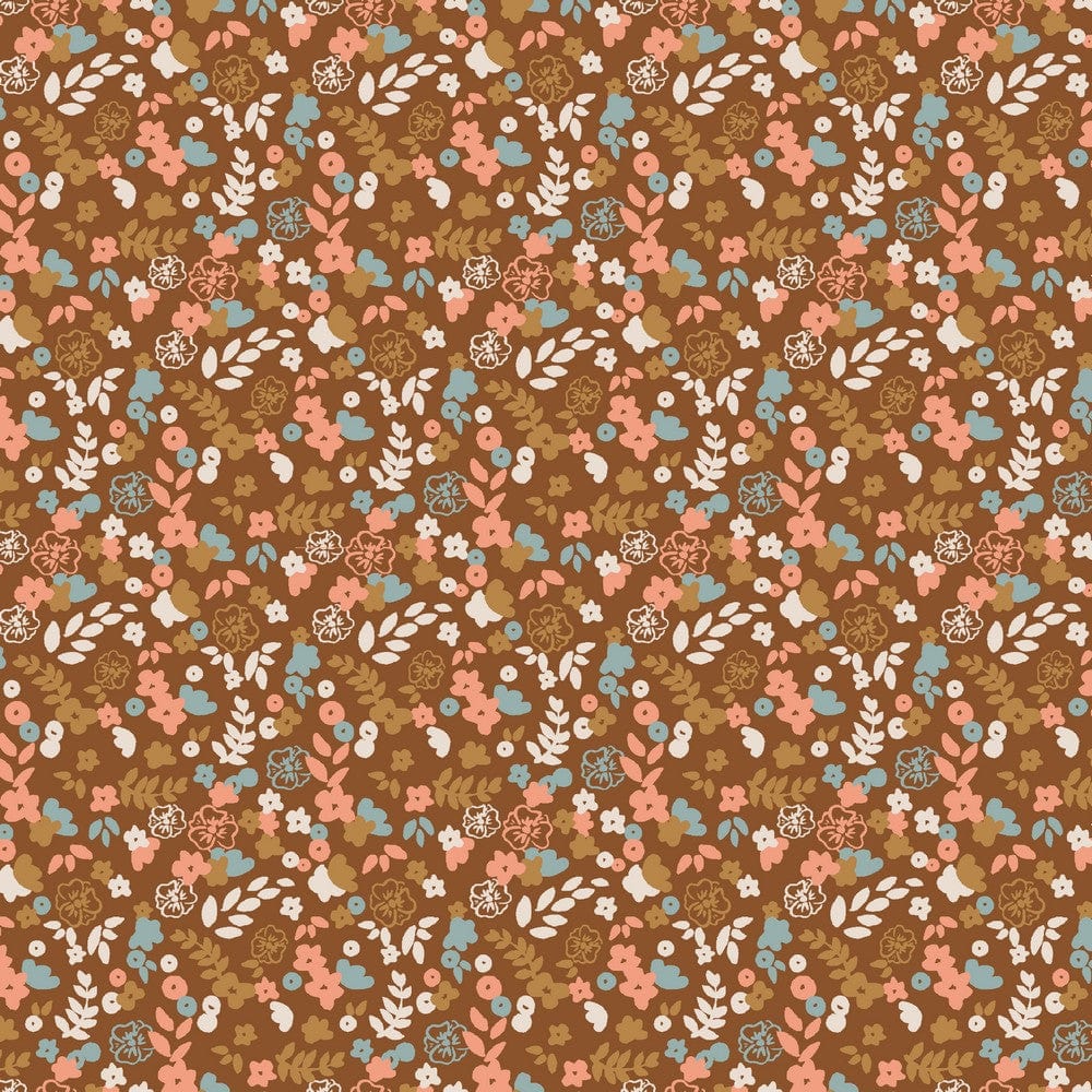 Jersey de coton fin à motif floral sur fond brun noisette 220 g/m² (cert. GOTS)