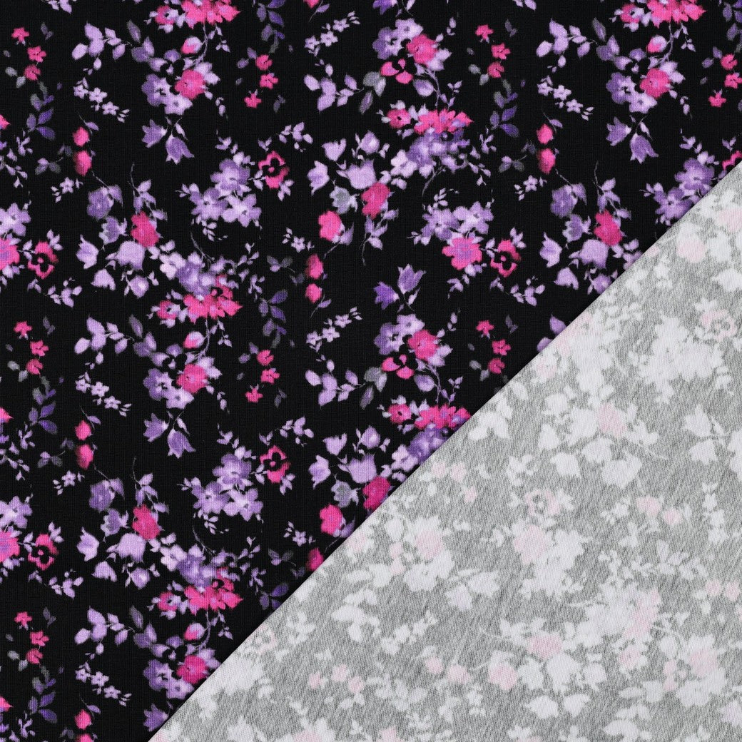 Cotton jersey, jersey-kankaassa pienet lila kukat