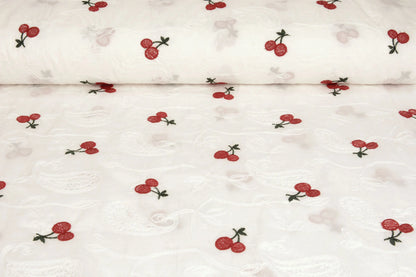 Tissu en coton brodé - cerises 110 g/m²