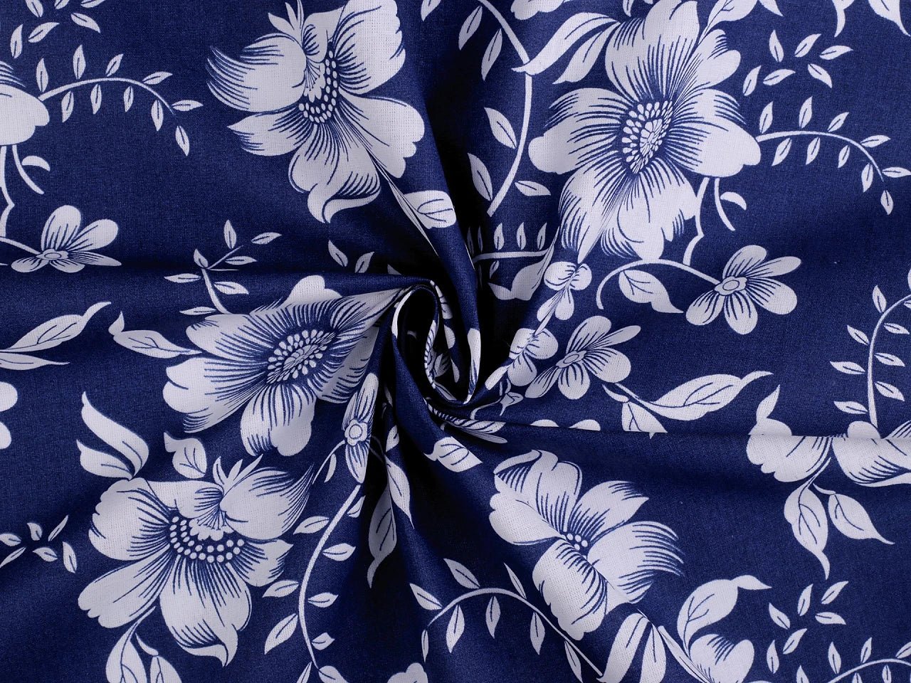Image with 100% cotton fabric - white flowers on blue 125 g/m² – available at Šarlotes audumi
