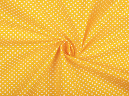 100% Kokvilnas audums - baltas pumpiņas uz dzeltena fona (4 mm) 130 g/m²