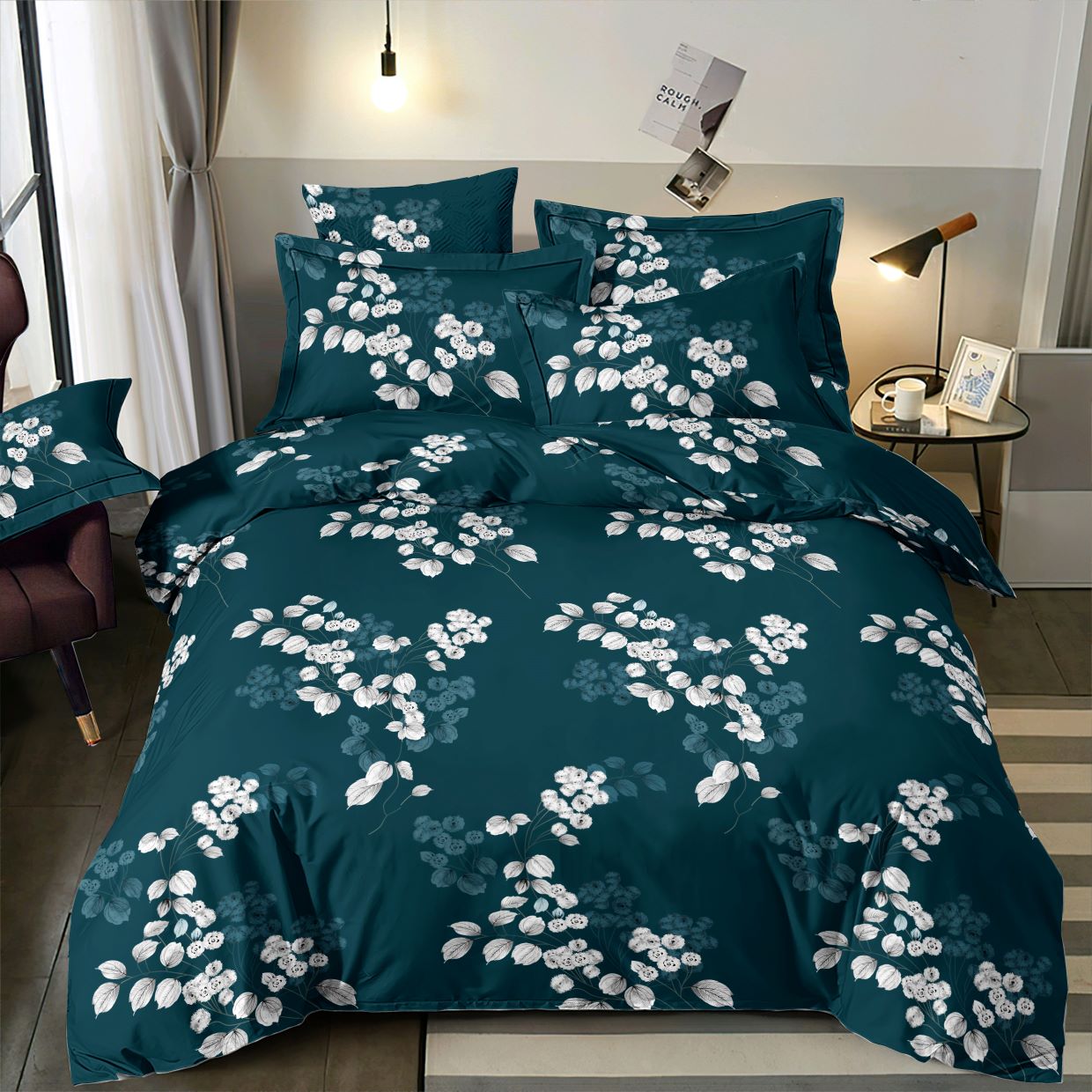Print on 100% cotton fabric - white elegant flowers and leaves 220 cm 146 g/m² – available at Šarlotes audumi