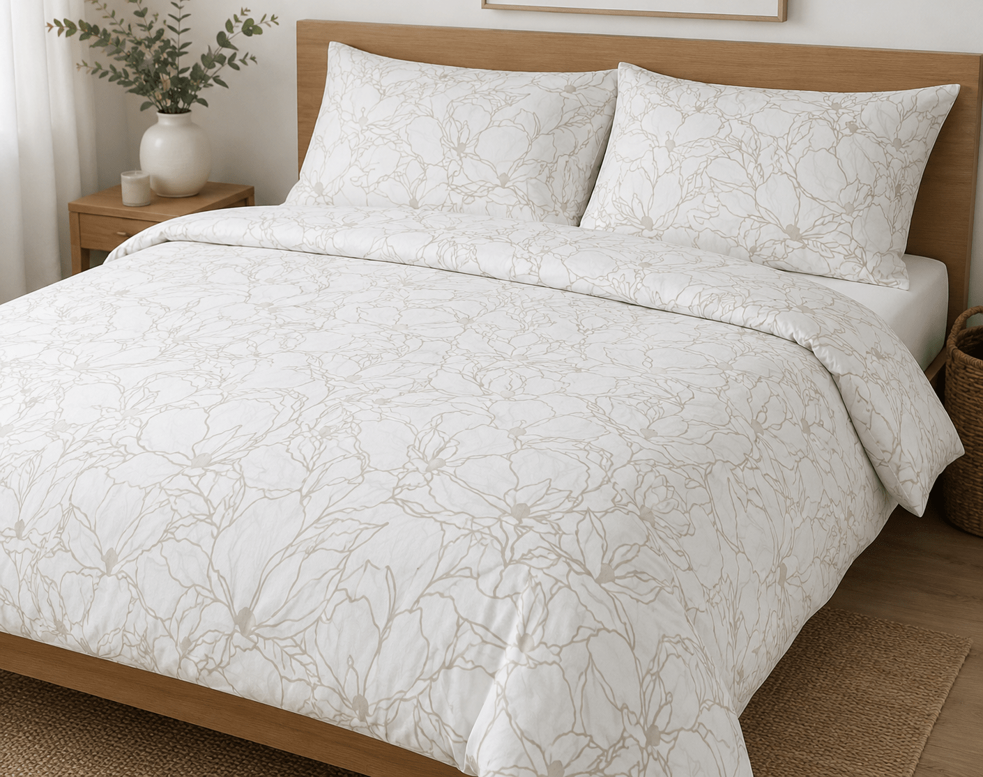 Image en tissu 100 % coton - motif floral beige sur fond blanc 130 g/m² – disponible chez Šarlotes audumi