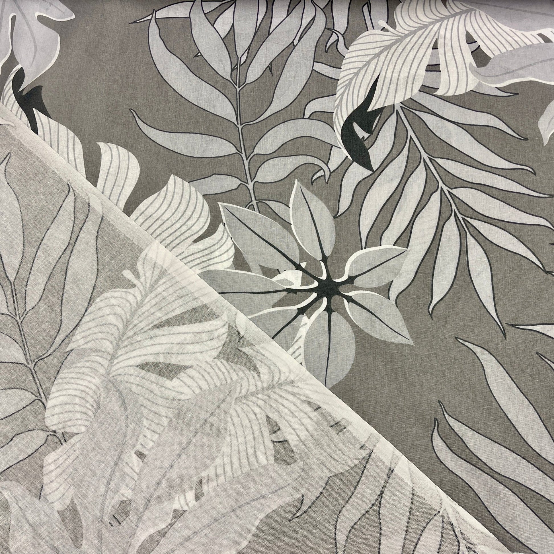 Tissu 100 % coton - motif feuilles gris 220 cm 125 g/m²