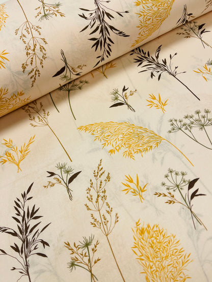 Image with 100% cotton fabric - meadow grasses on a beige background 125 g/m – available at Charlotte's Fabrics