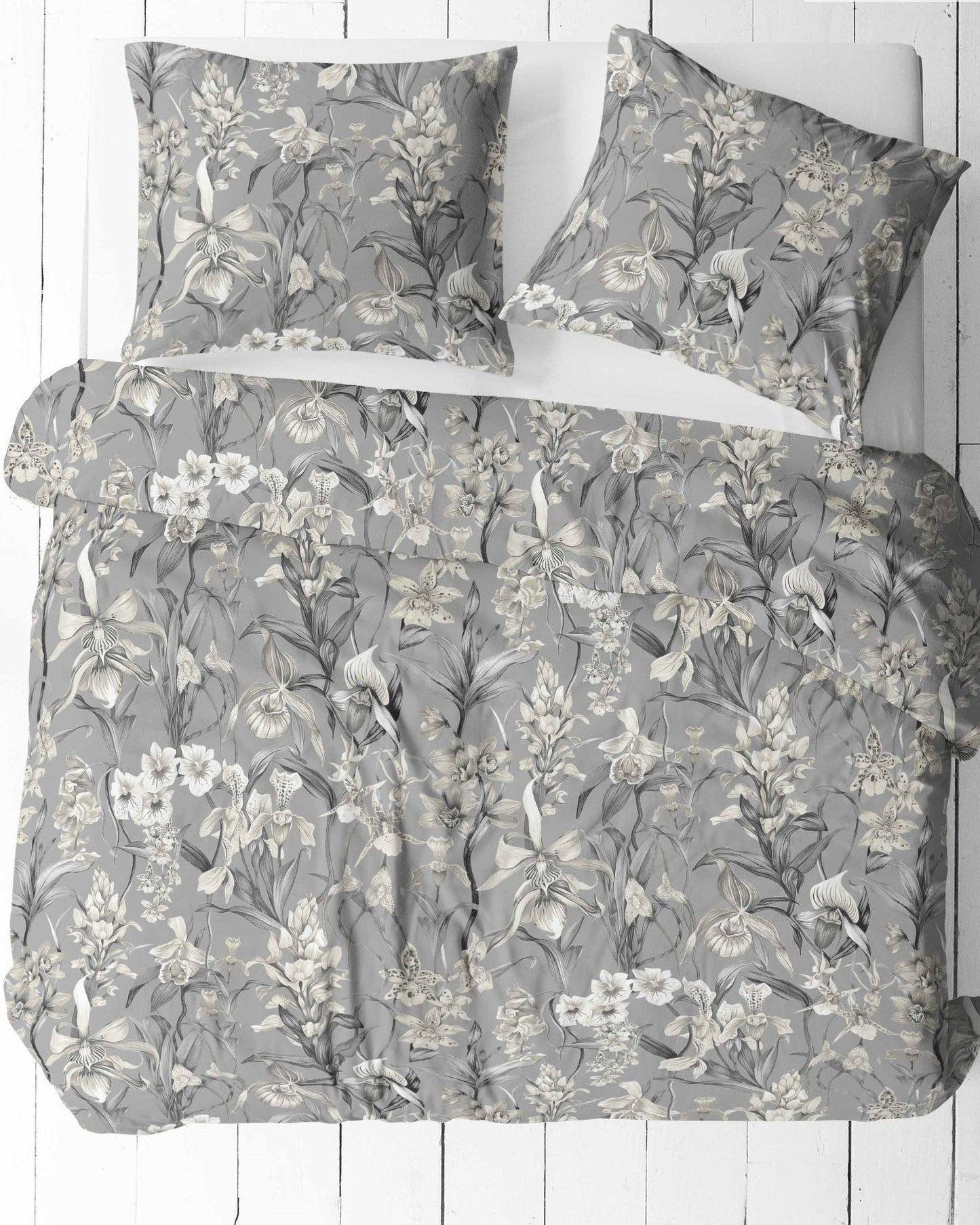 Tissu 100 % coton - motif floral gris 125 g/m²