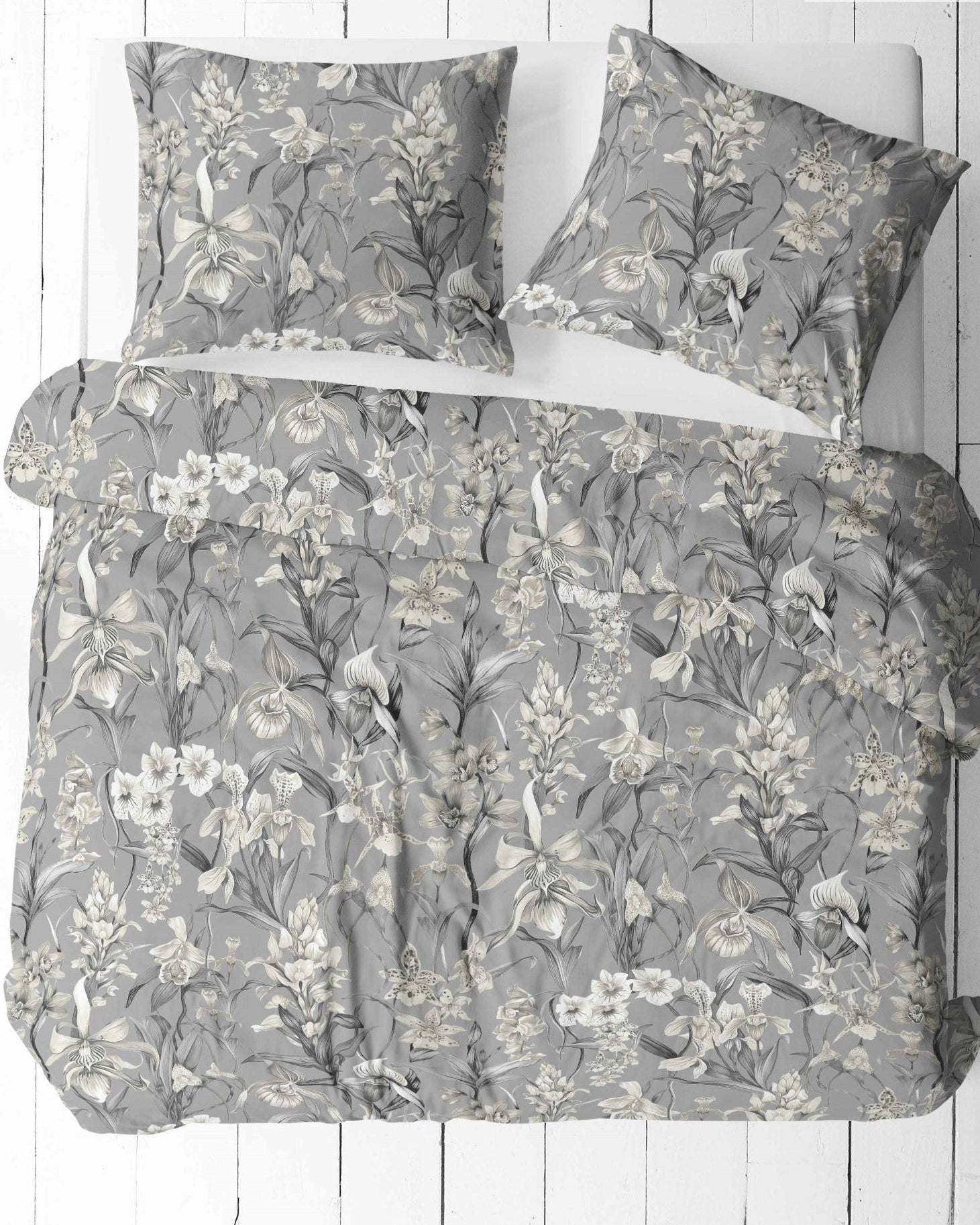 Tissu 100 % coton - motif floral gris 125 g/m²