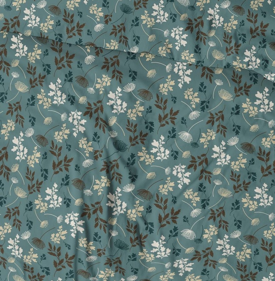 Image of 100% cotton fabric - blue-green leaf pattern 125 g/m² – available at Šarlotes audumi