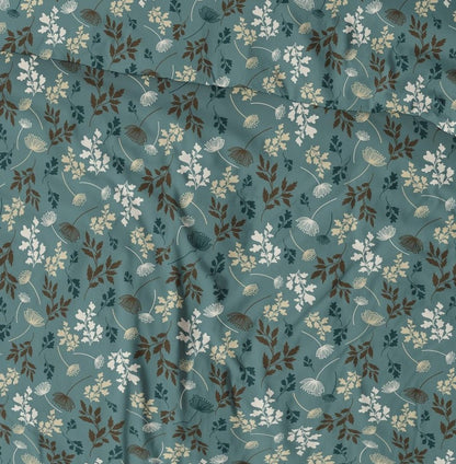 Image of 100% cotton fabric - blue-green leaf pattern 125 g/m² – available at Šarlotes audumi