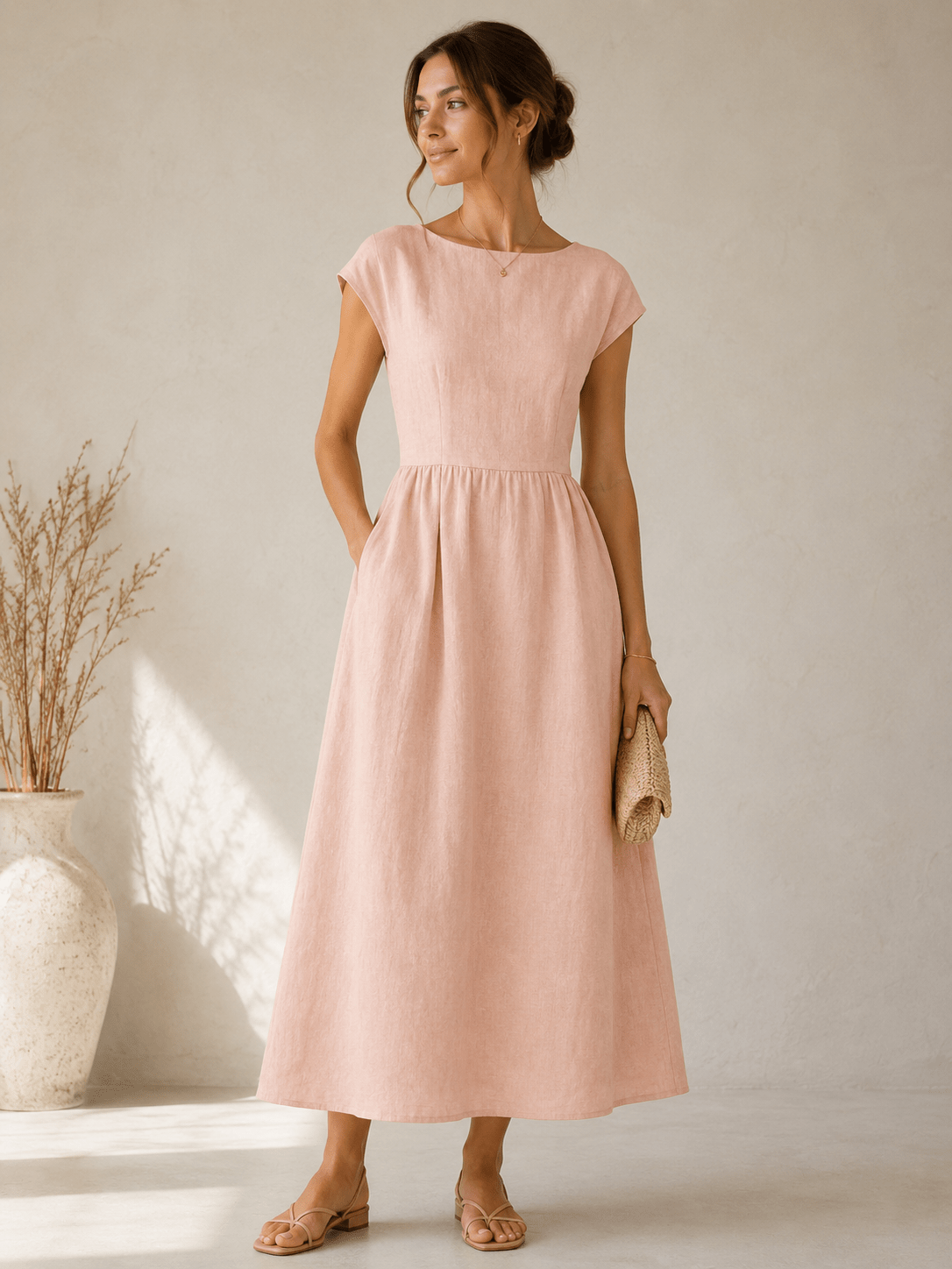 Image of 100% softened linen fabric - pink sand shade 165 g/m² – available at Šarlotes audumi